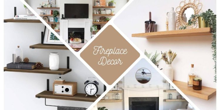 fireplace with floating shelves